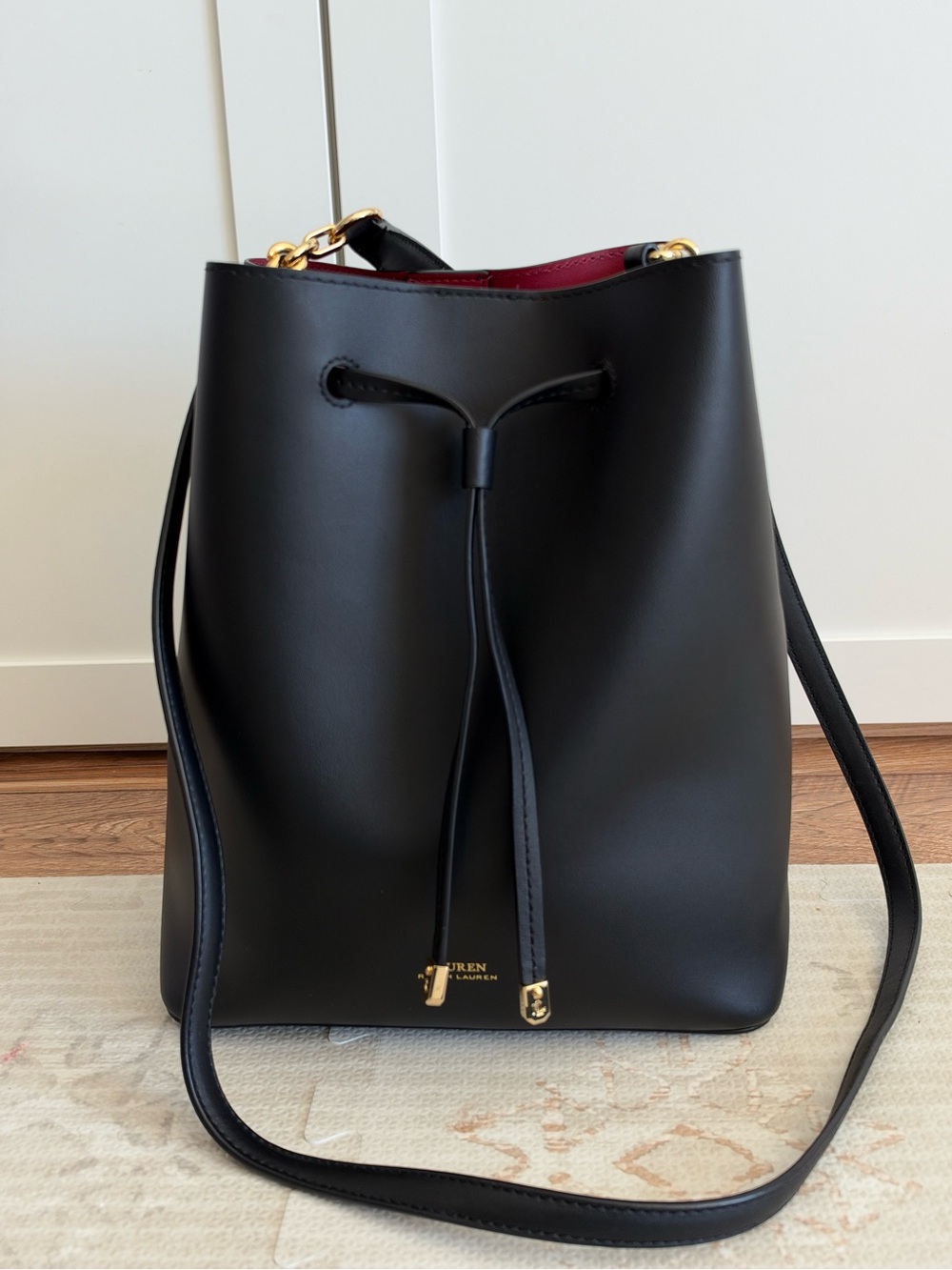 Ralph Lauren Black Leather Drawstring Bucket Bag